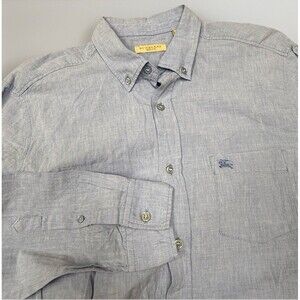 Burberry Brit Men's Med Long Sleeve Blue Knight Woven Linen Blend Button Shirt